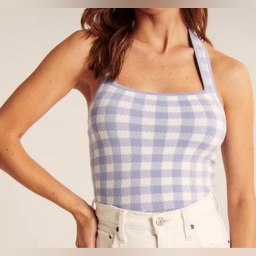 Abercrombie & Fitch Light Blue and White Gingham Halter Top Large